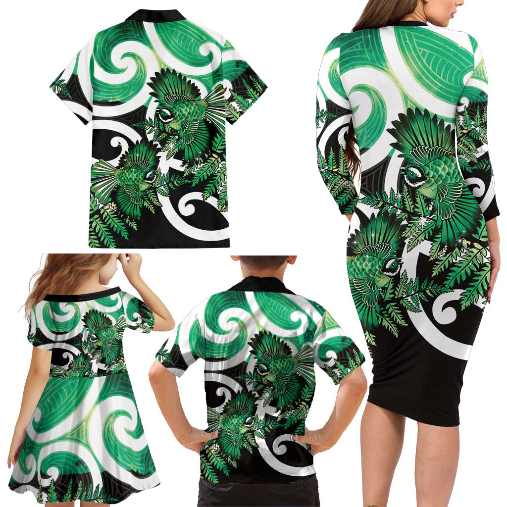 Piwakawaka New Zealand Matariki Family Matching Long Sleeve Bodycon Dress and Hawaiian Shirt Maori New Year Silver Fern Green Galaxy LT14 - Polynesian Pride