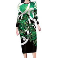 Piwakawaka New Zealand Matariki Family Matching Long Sleeve Bodycon Dress and Hawaiian Shirt Maori New Year Silver Fern Green Galaxy LT14 Mom's Dress Green - Polynesian Pride