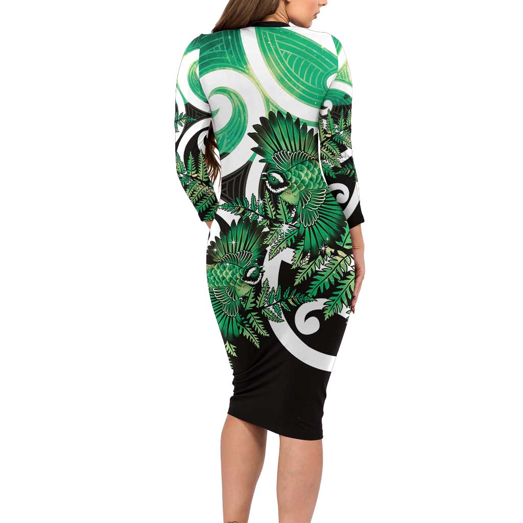 Piwakawaka New Zealand Matariki Family Matching Long Sleeve Bodycon Dress and Hawaiian Shirt Maori New Year Silver Fern Green Galaxy LT14 - Polynesian Pride