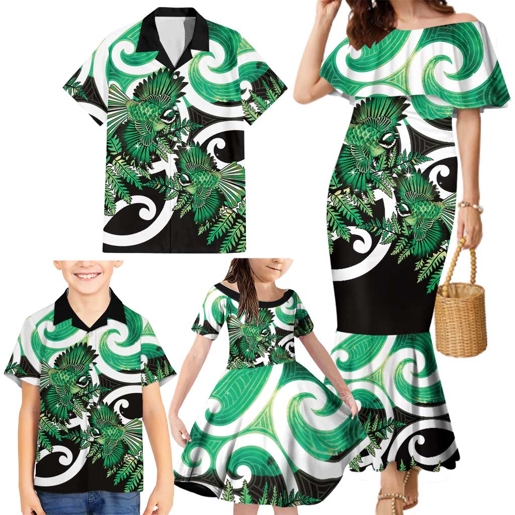 Piwakawaka New Zealand Matariki Family Matching Mermaid Dress and Hawaiian Shirt Maori New Year Silver Fern Green Galaxy LT14 - Polynesian Pride