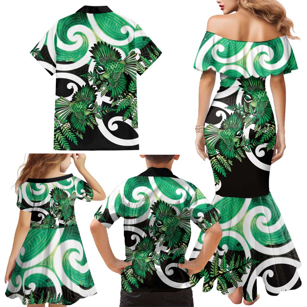 Piwakawaka New Zealand Matariki Family Matching Mermaid Dress and Hawaiian Shirt Maori New Year Silver Fern Green Galaxy LT14 - Polynesian Pride