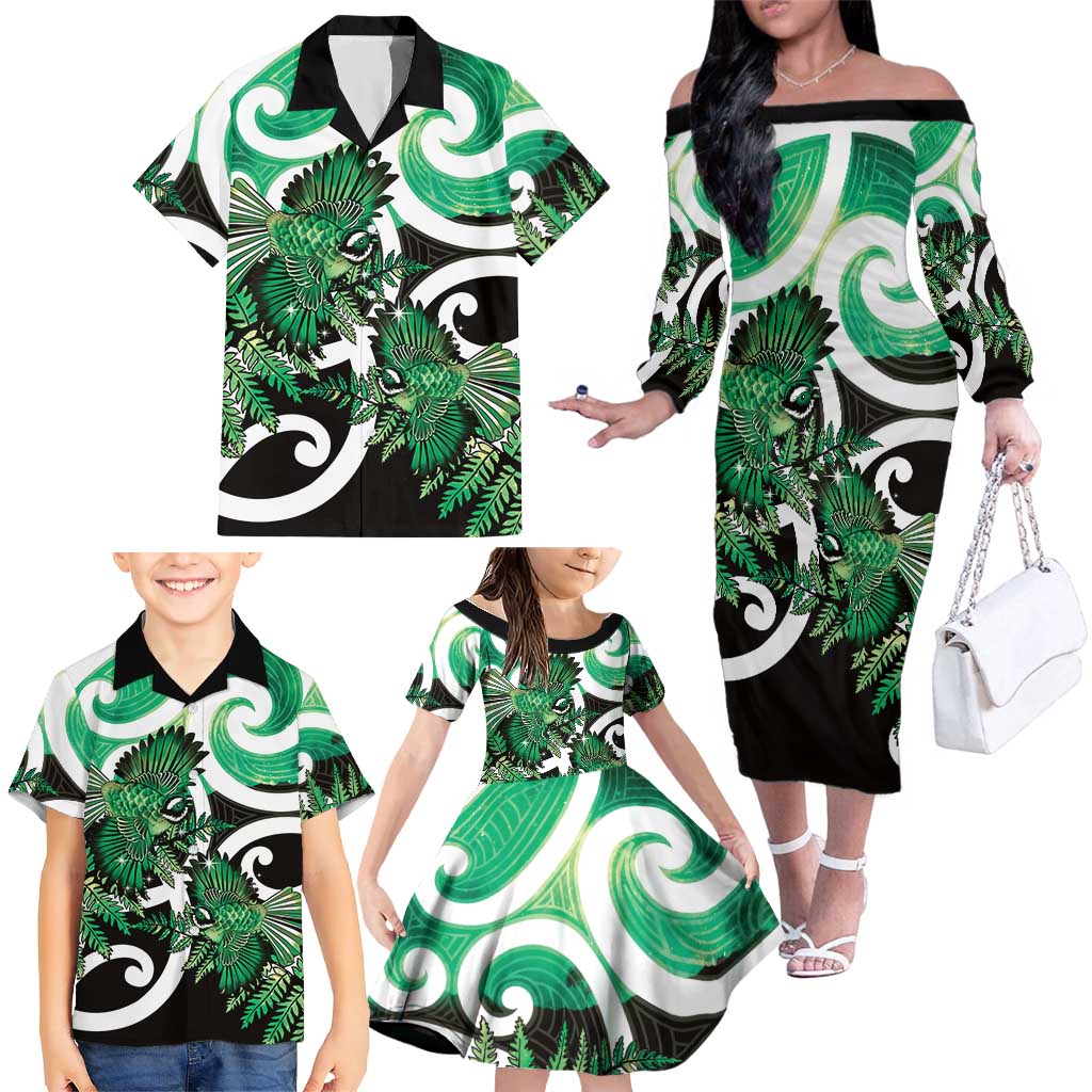 Piwakawaka New Zealand Matariki Family Matching Off The Shoulder Long Sleeve Dress and Hawaiian Shirt Maori New Year Silver Fern Green Galaxy LT14 - Polynesian Pride