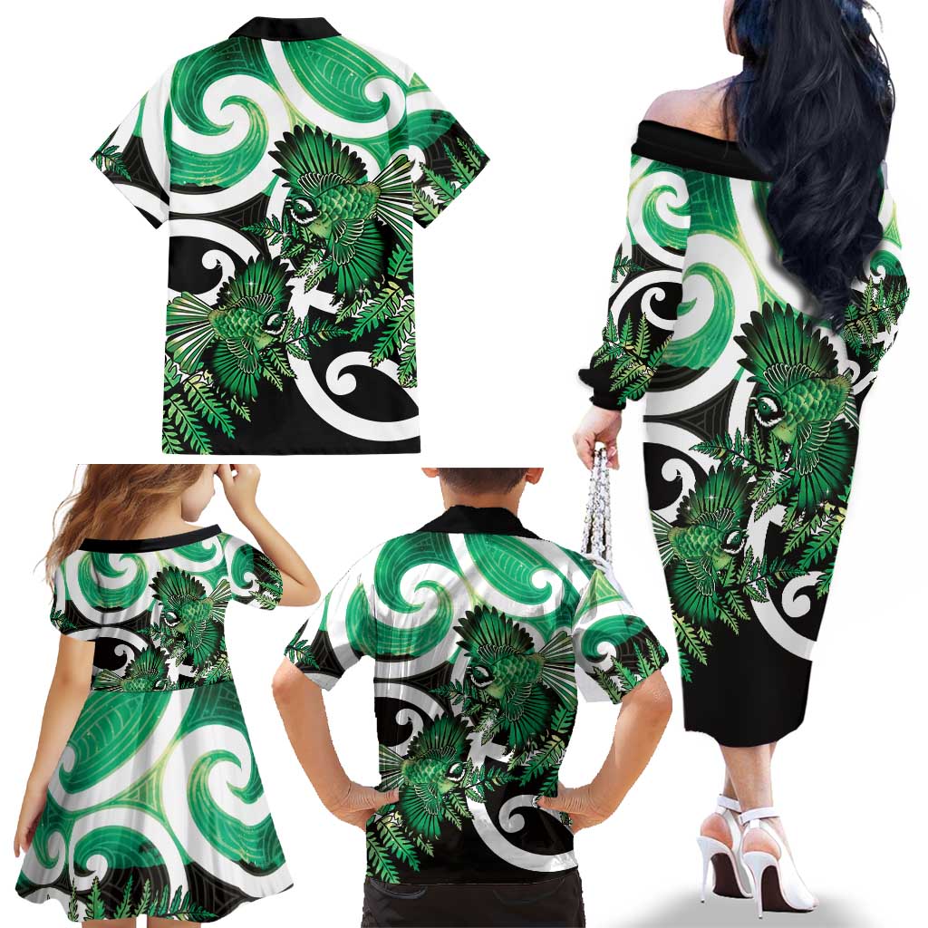 Piwakawaka New Zealand Matariki Family Matching Off The Shoulder Long Sleeve Dress and Hawaiian Shirt Maori New Year Silver Fern Green Galaxy LT14 - Polynesian Pride