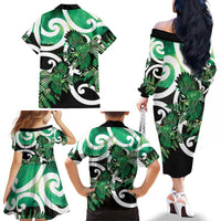 Piwakawaka New Zealand Matariki Family Matching Off The Shoulder Long Sleeve Dress and Hawaiian Shirt Maori New Year Silver Fern Green Galaxy LT14 - Polynesian Pride