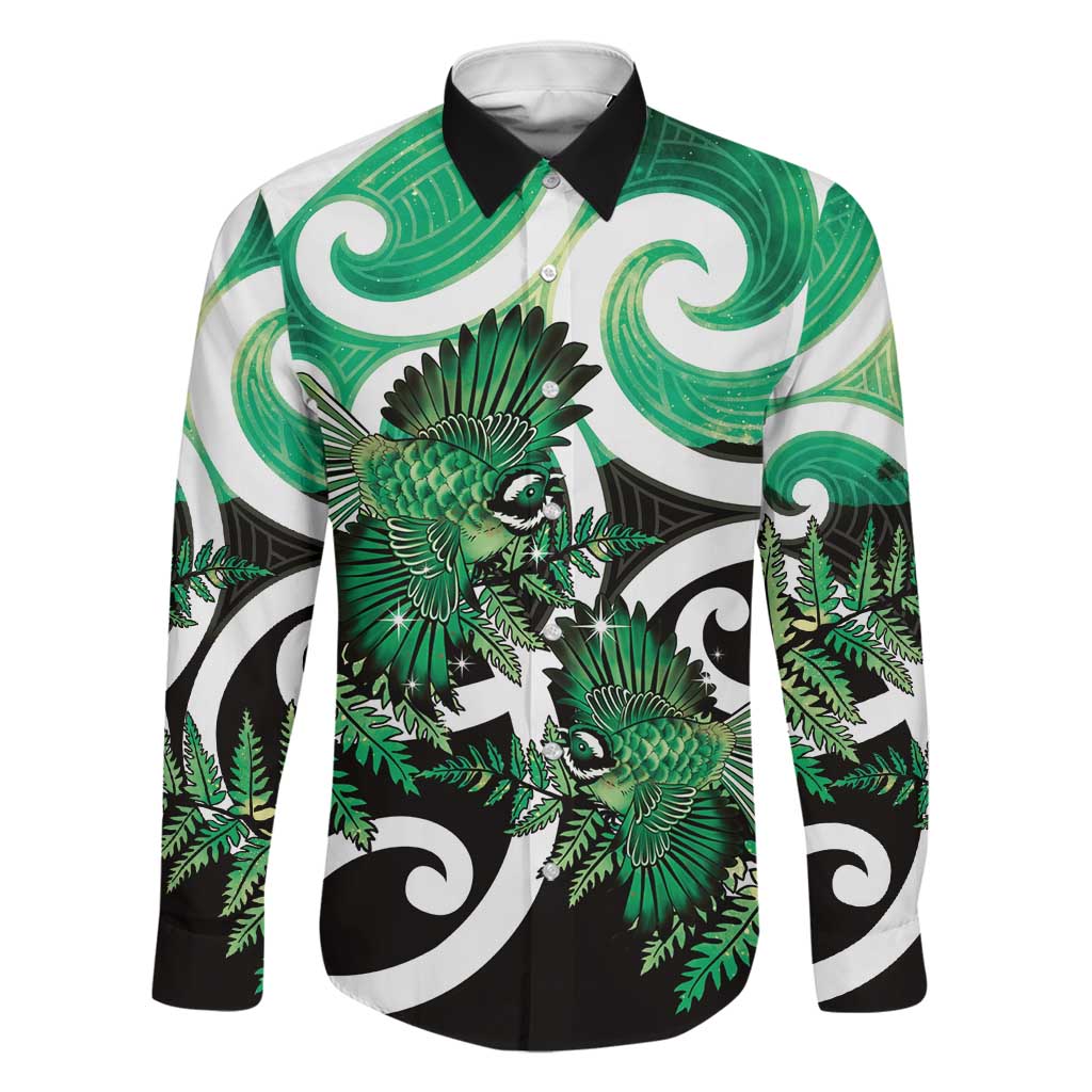 Piwakawaka New Zealand Matariki Family Matching Off The Shoulder Long Sleeve Dress and Hawaiian Shirt Maori New Year Silver Fern Green Galaxy LT14 Dad's Shirt - Long Sleeve Green - Polynesian Pride