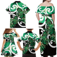 Piwakawaka New Zealand Matariki Family Matching Off Shoulder Maxi Dress and Hawaiian Shirt Maori New Year Silver Fern Green Galaxy