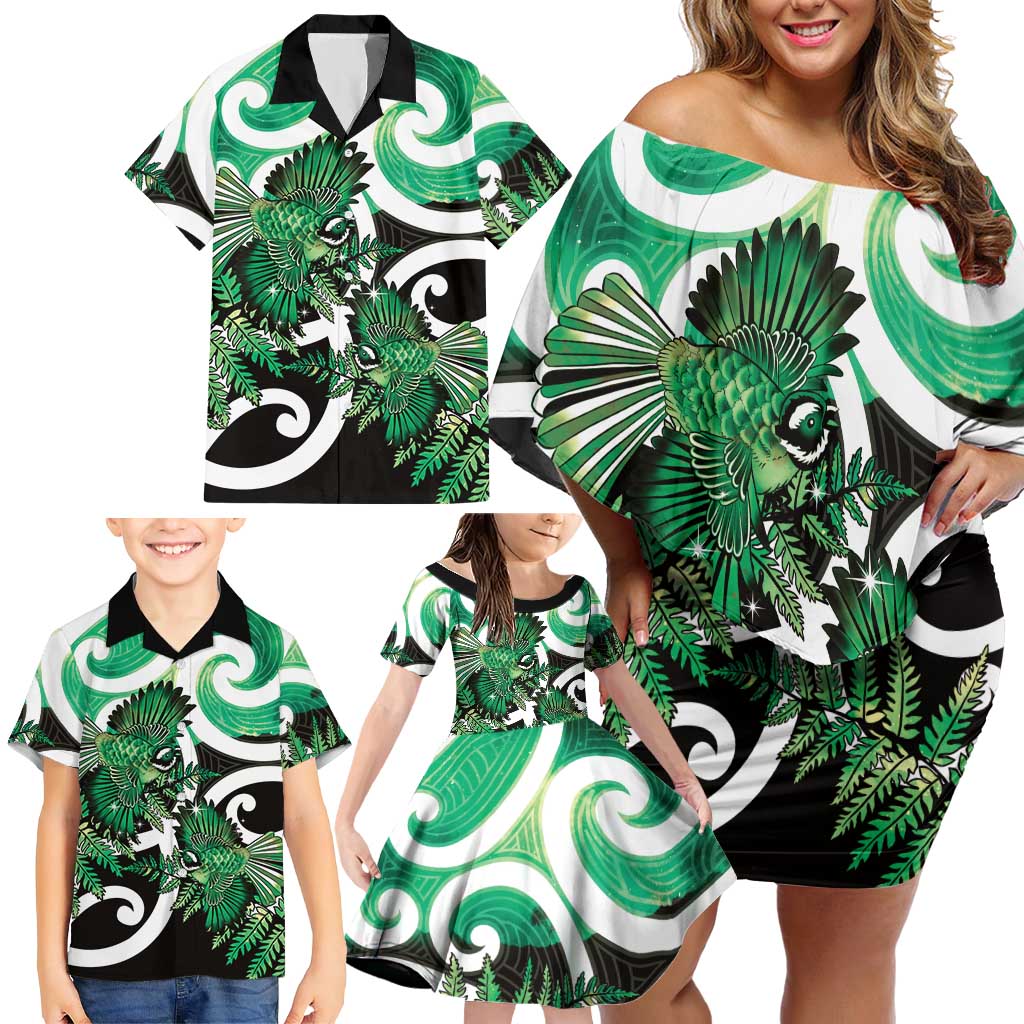 Piwakawaka New Zealand Matariki Family Matching Off Shoulder Short Dress and Hawaiian Shirt Maori New Year Silver Fern Green Galaxy