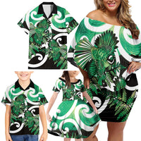 Piwakawaka New Zealand Matariki Family Matching Off Shoulder Short Dress and Hawaiian Shirt Maori New Year Silver Fern Green Galaxy