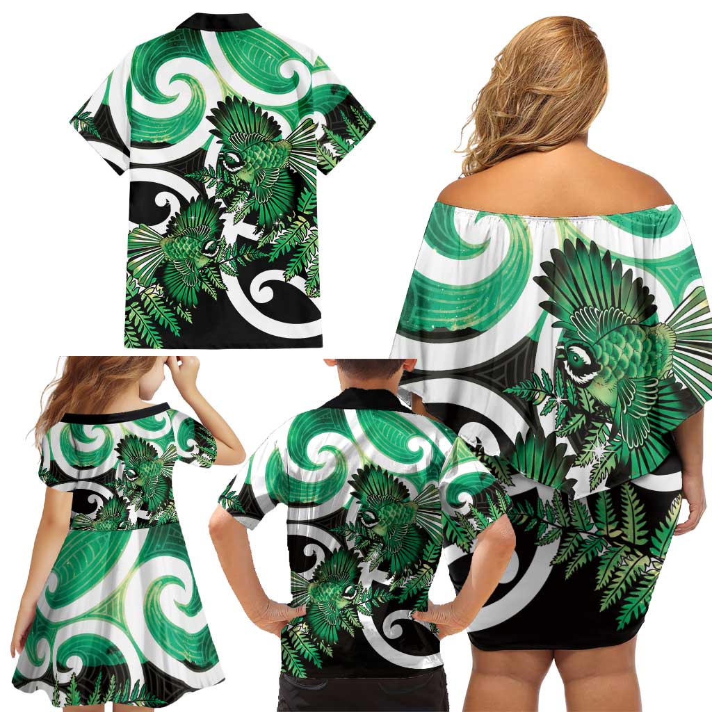 Piwakawaka New Zealand Matariki Family Matching Off Shoulder Short Dress and Hawaiian Shirt Maori New Year Silver Fern Green Galaxy