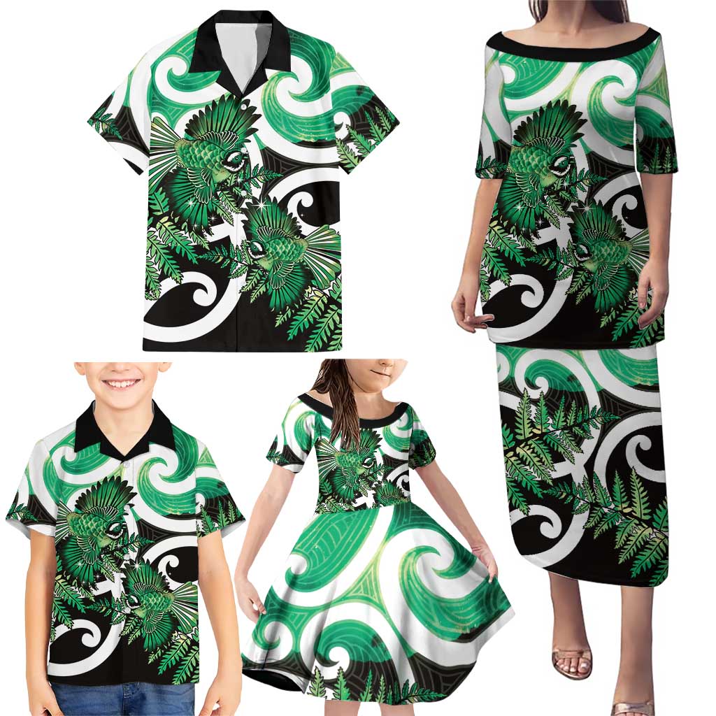 Piwakawaka New Zealand Matariki Family Matching Puletasi and Hawaiian Shirt Maori New Year Silver Fern Green Galaxy LT14 - Polynesian Pride