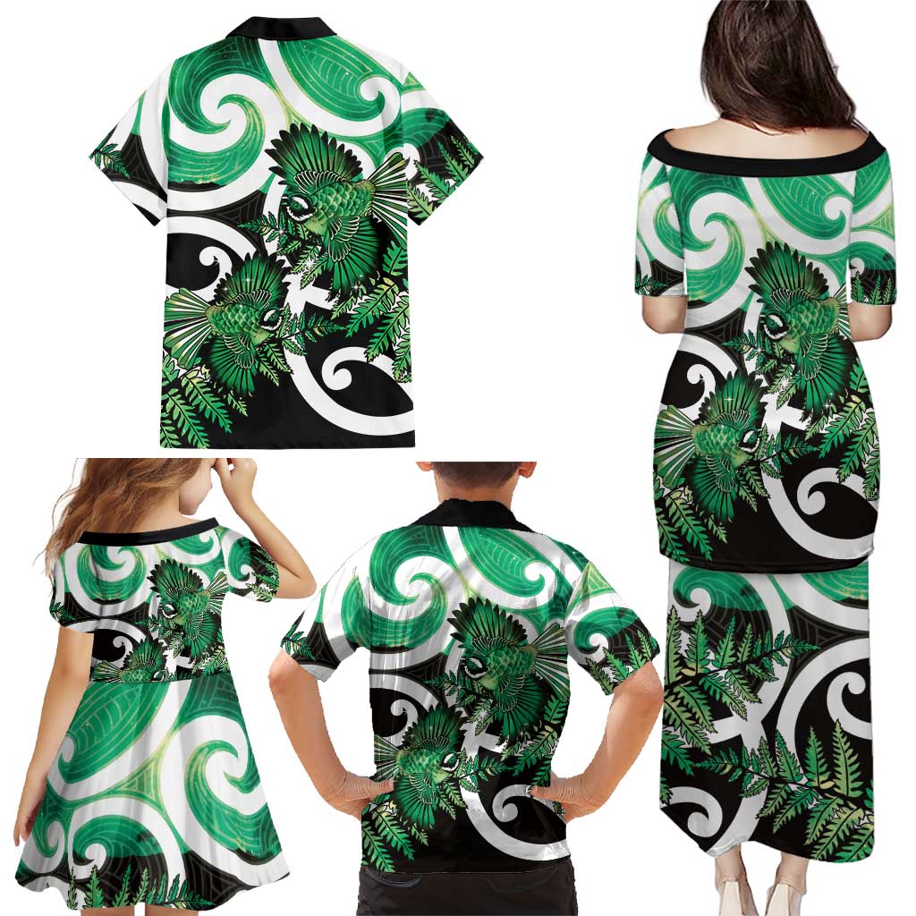 Piwakawaka New Zealand Matariki Family Matching Puletasi and Hawaiian Shirt Maori New Year Silver Fern Green Galaxy LT14 - Polynesian Pride