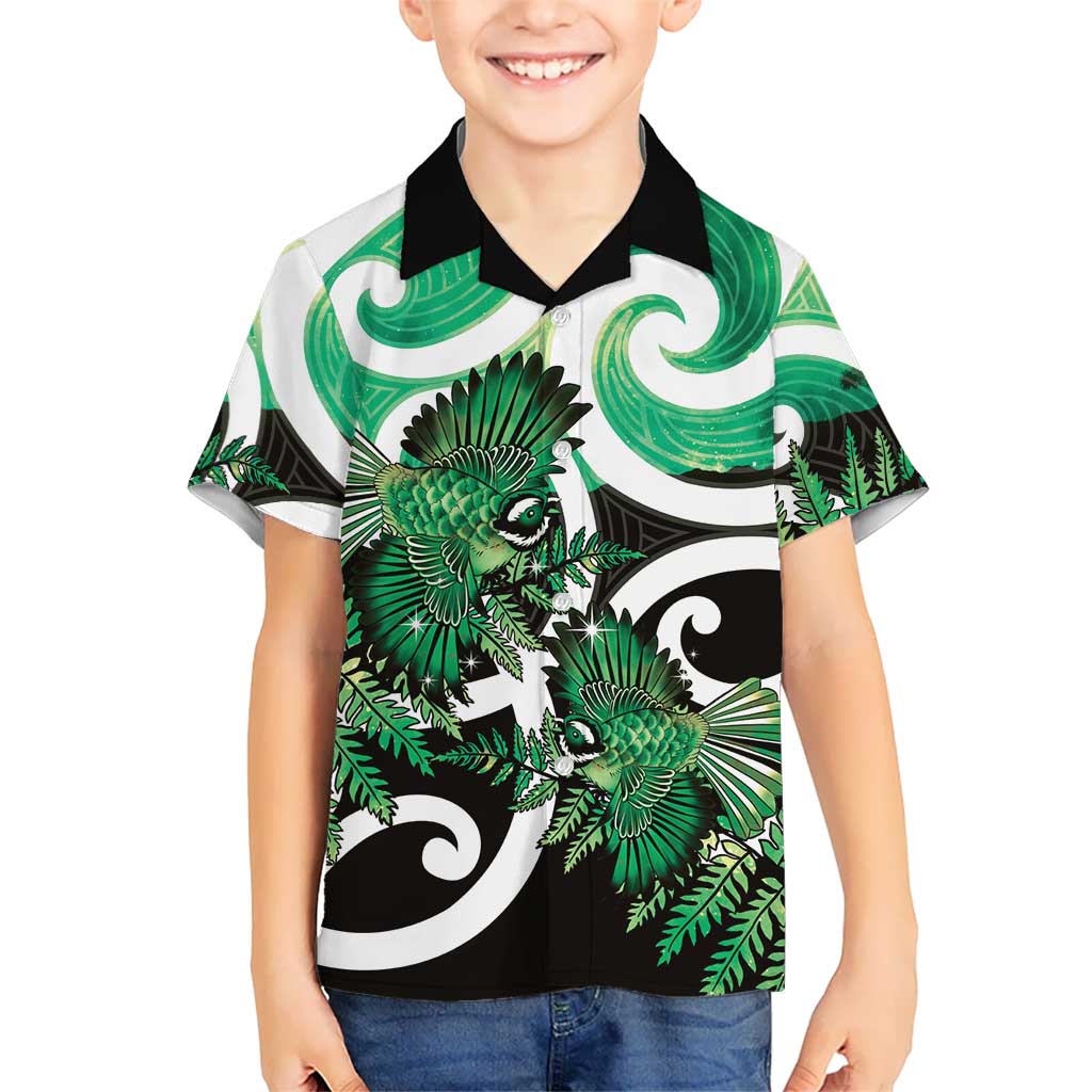 Piwakawaka New Zealand Matariki Family Matching Puletasi and Hawaiian Shirt Maori New Year Silver Fern Green Galaxy LT14 Son's Shirt Green - Polynesian Pride
