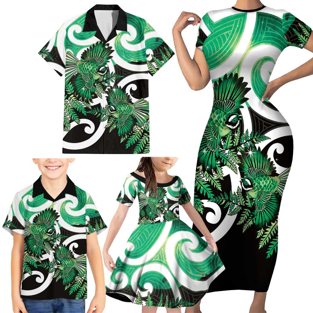 Piwakawaka New Zealand Matariki Family Matching Short Sleeve Bodycon Dress and Hawaiian Shirt Maori New Year Silver Fern Green Galaxy LT14 - Polynesian Pride