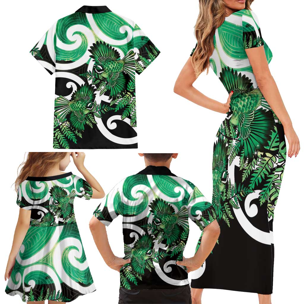Piwakawaka New Zealand Matariki Family Matching Short Sleeve Bodycon Dress and Hawaiian Shirt Maori New Year Silver Fern Green Galaxy LT14 - Polynesian Pride