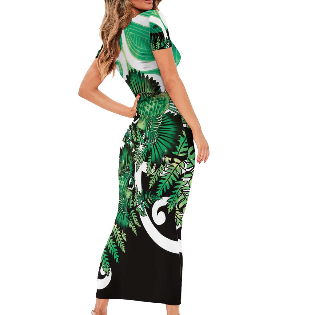 Piwakawaka New Zealand Matariki Family Matching Short Sleeve Bodycon Dress and Hawaiian Shirt Maori New Year Silver Fern Green Galaxy LT14 - Polynesian Pride