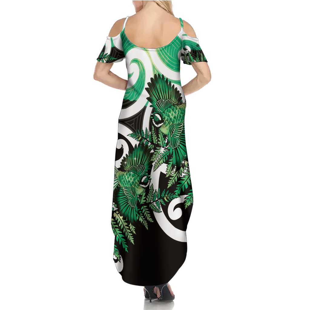 Piwakawaka New Zealand Matariki Family Matching Summer Maxi Dress and Hawaiian Shirt Maori New Year Silver Fern Green Galaxy