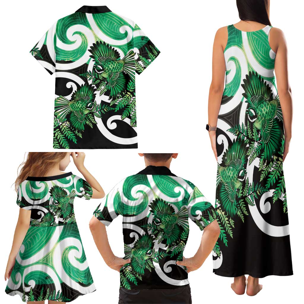 Piwakawaka New Zealand Matariki Family Matching Tank Maxi Dress and Hawaiian Shirt Maori New Year Silver Fern Green Galaxy