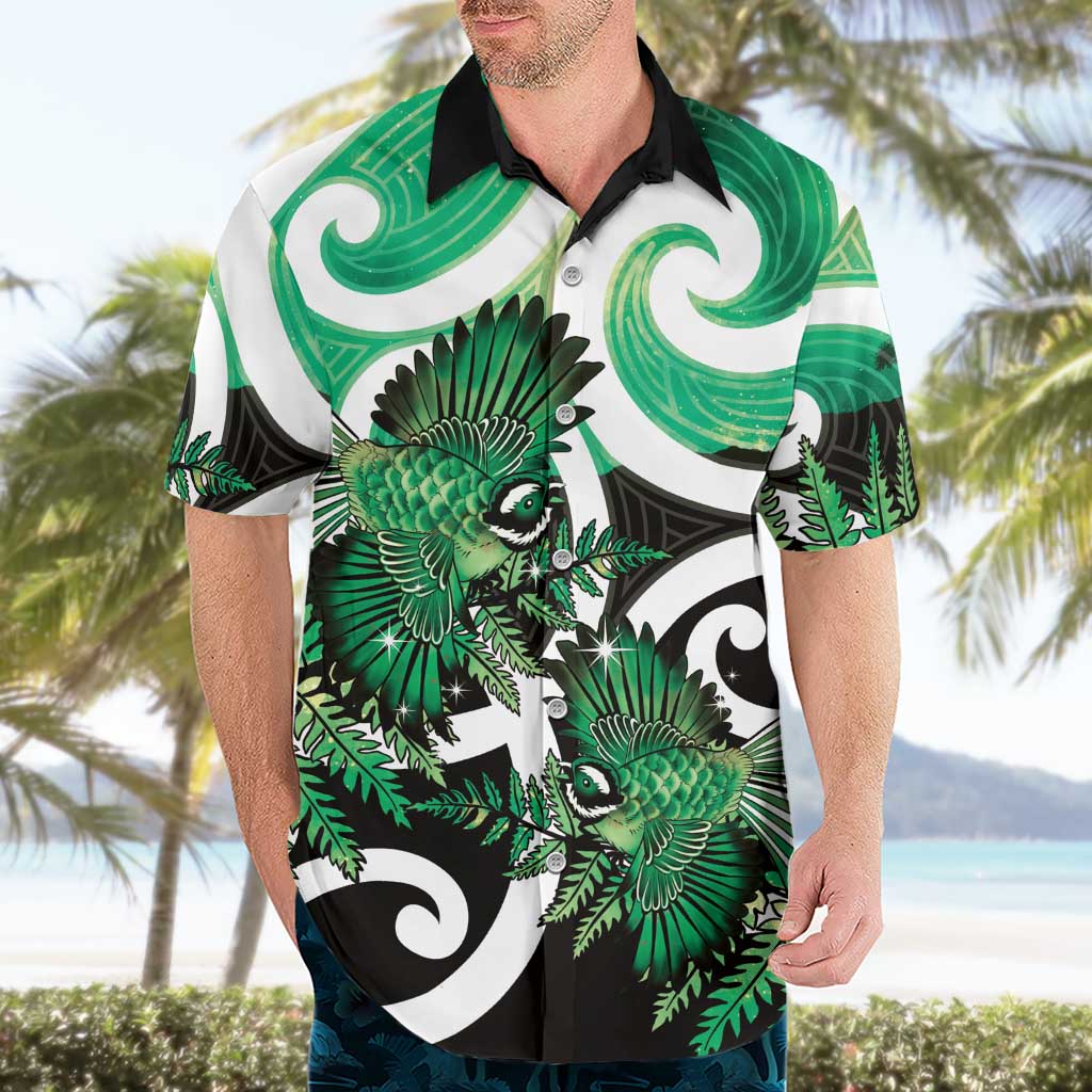 Piwakawaka New Zealand Matariki Hawaiian Shirt Maori New Year Silver Fern Green Galaxy