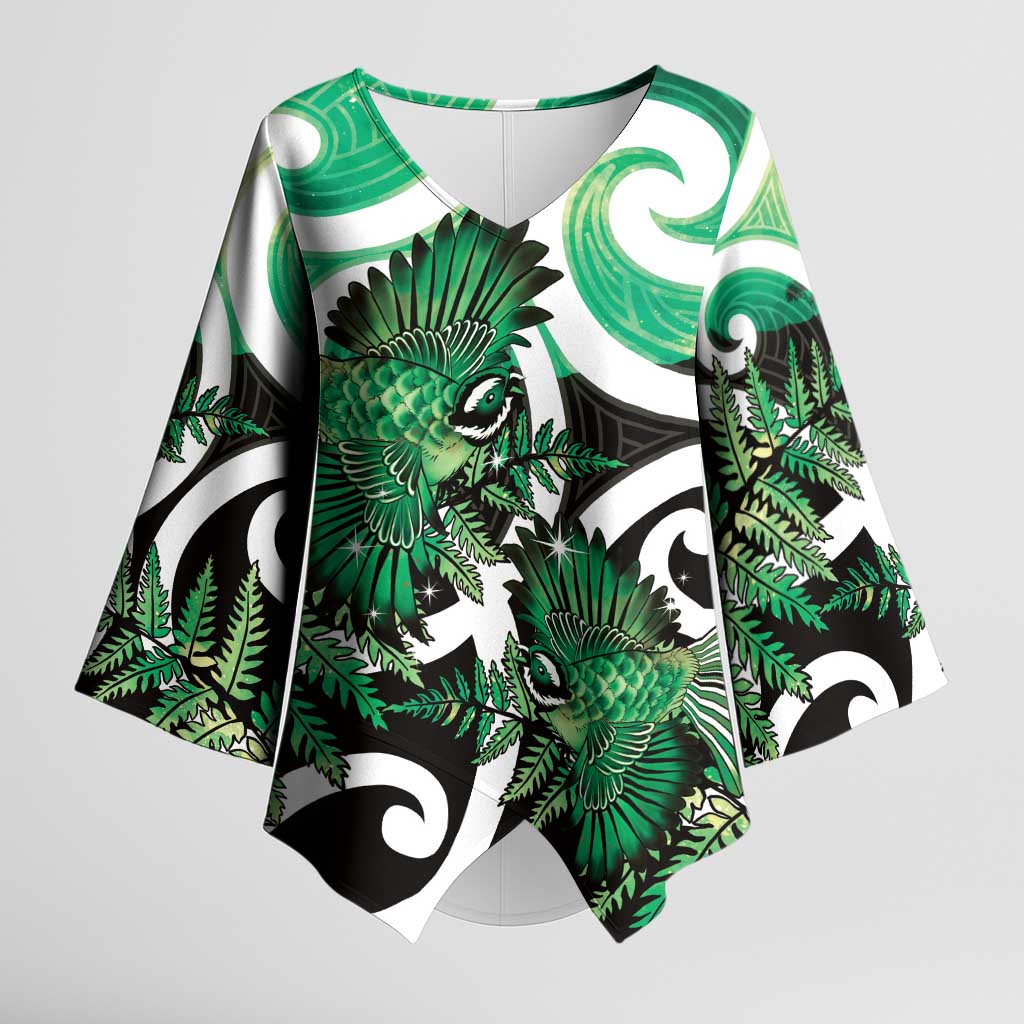Piwakawaka New Zealand Matariki Kimono Sleeve Blouse Maori New Year Silver Fern Green Galaxy