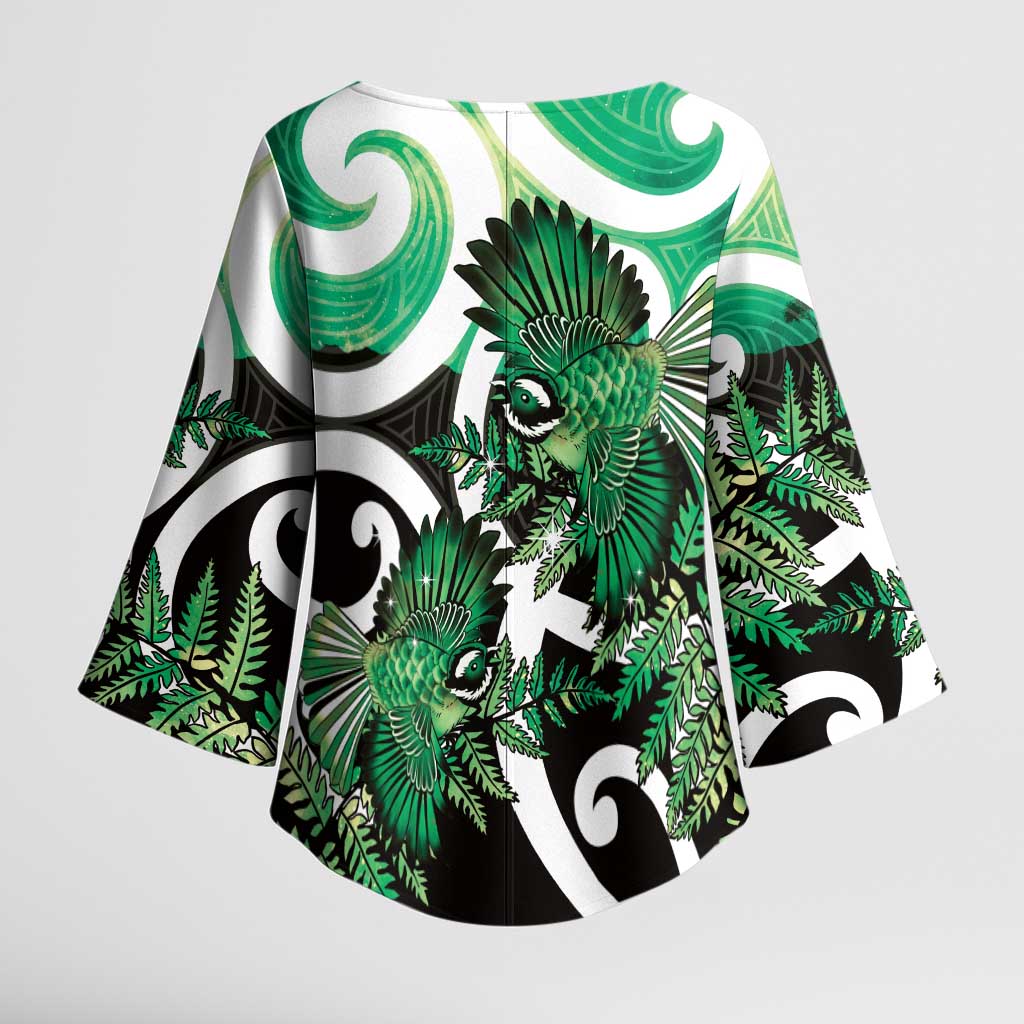 Piwakawaka New Zealand Matariki Kimono Sleeve Blouse Maori New Year Silver Fern Green Galaxy