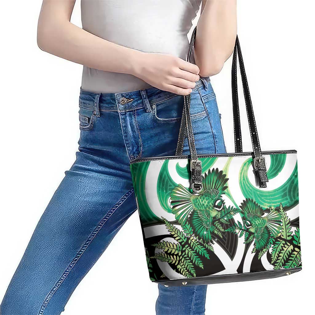 Piwakawaka New Zealand Matariki Leather Tote Bag Maori New Year Silver Fern Green Galaxy
