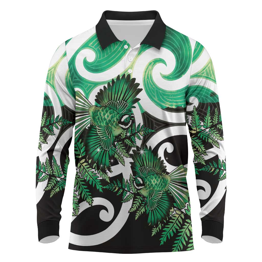 Piwakawaka New Zealand Matariki Long Sleeve Polo Shirt Maori New Year Silver Fern Green Galaxy
