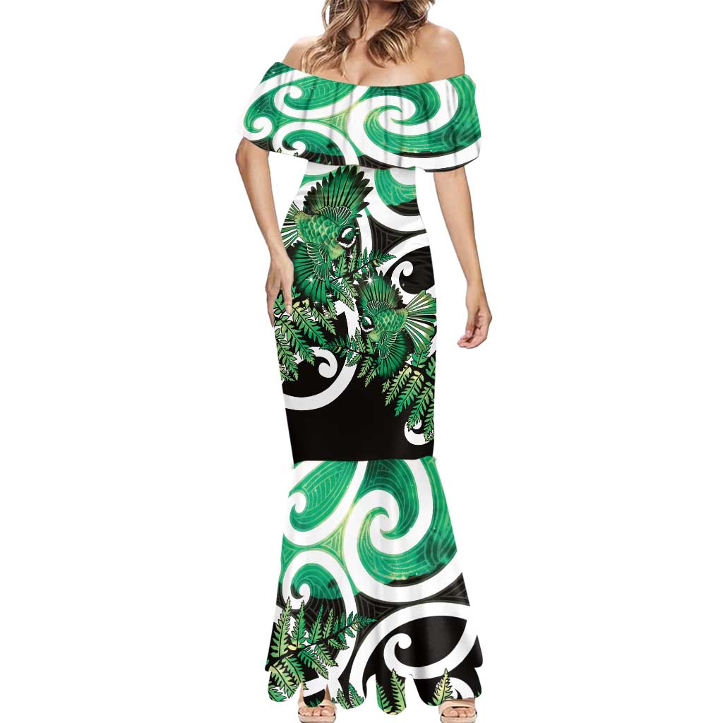 Piwakawaka New Zealand Matariki Mermaid Dress Maori New Year Silver Fern Green Galaxy
