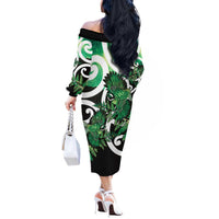 Piwakawaka New Zealand Matariki Off The Shoulder Long Sleeve Dress Maori New Year Silver Fern Green Galaxy