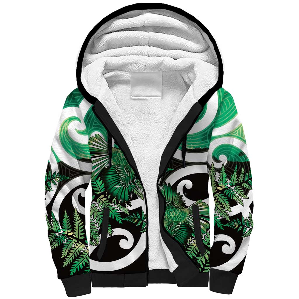Piwakawaka New Zealand Matariki Sherpa Hoodie Maori New Year Silver Fern Green Galaxy