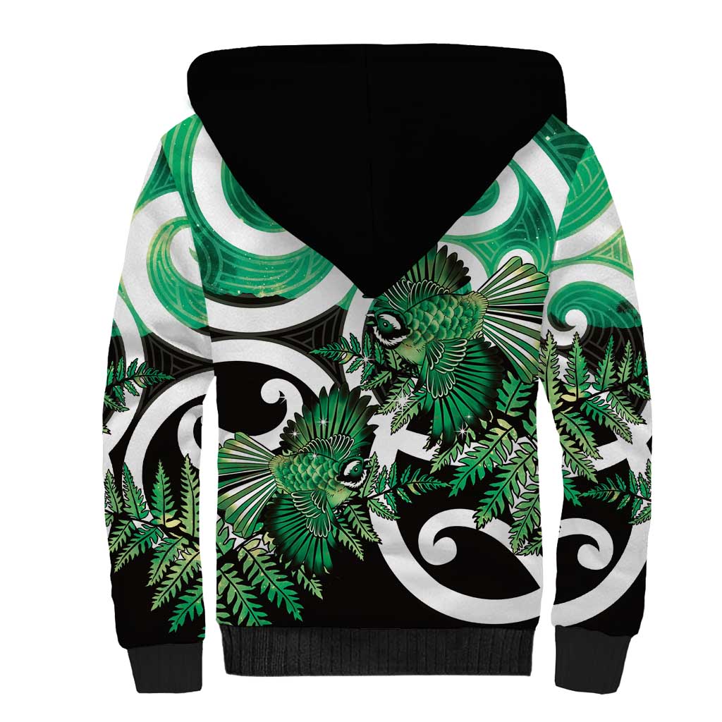 Piwakawaka New Zealand Matariki Sherpa Hoodie Maori New Year Silver Fern Green Galaxy