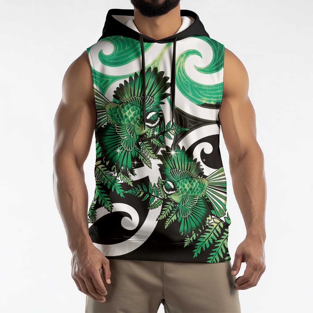 Piwakawaka New Zealand Matariki Sleeveless Hoodie Maori New Year Silver Fern Green Galaxy LT14 - Polynesian Pride