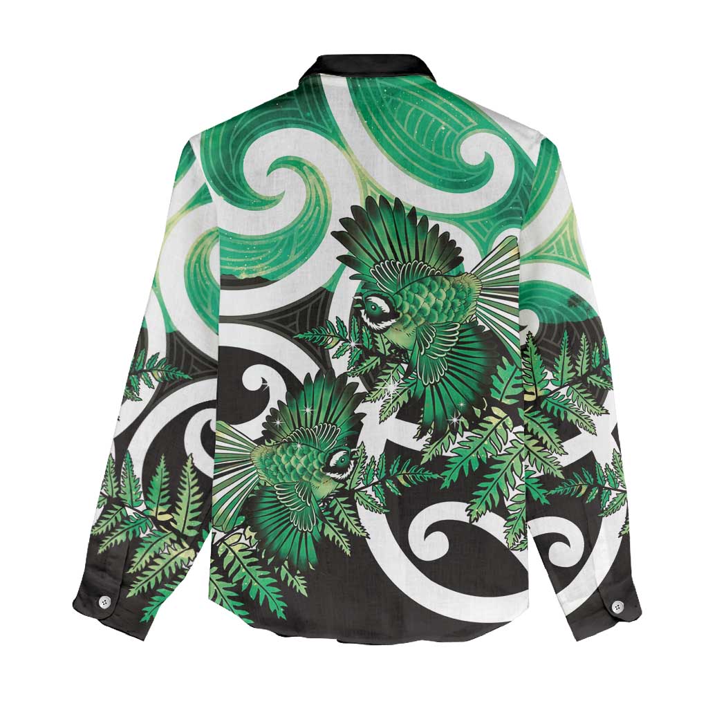 Piwakawaka New Zealand Matariki Women Casual Shirt Maori New Year Silver Fern Green Galaxy