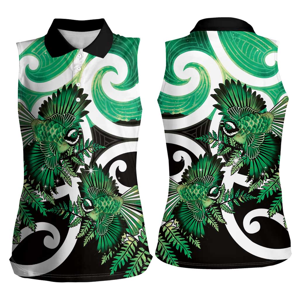 Piwakawaka New Zealand Matariki Women Sleeveless Polo Shirt Maori New Year Silver Fern Green Galaxy