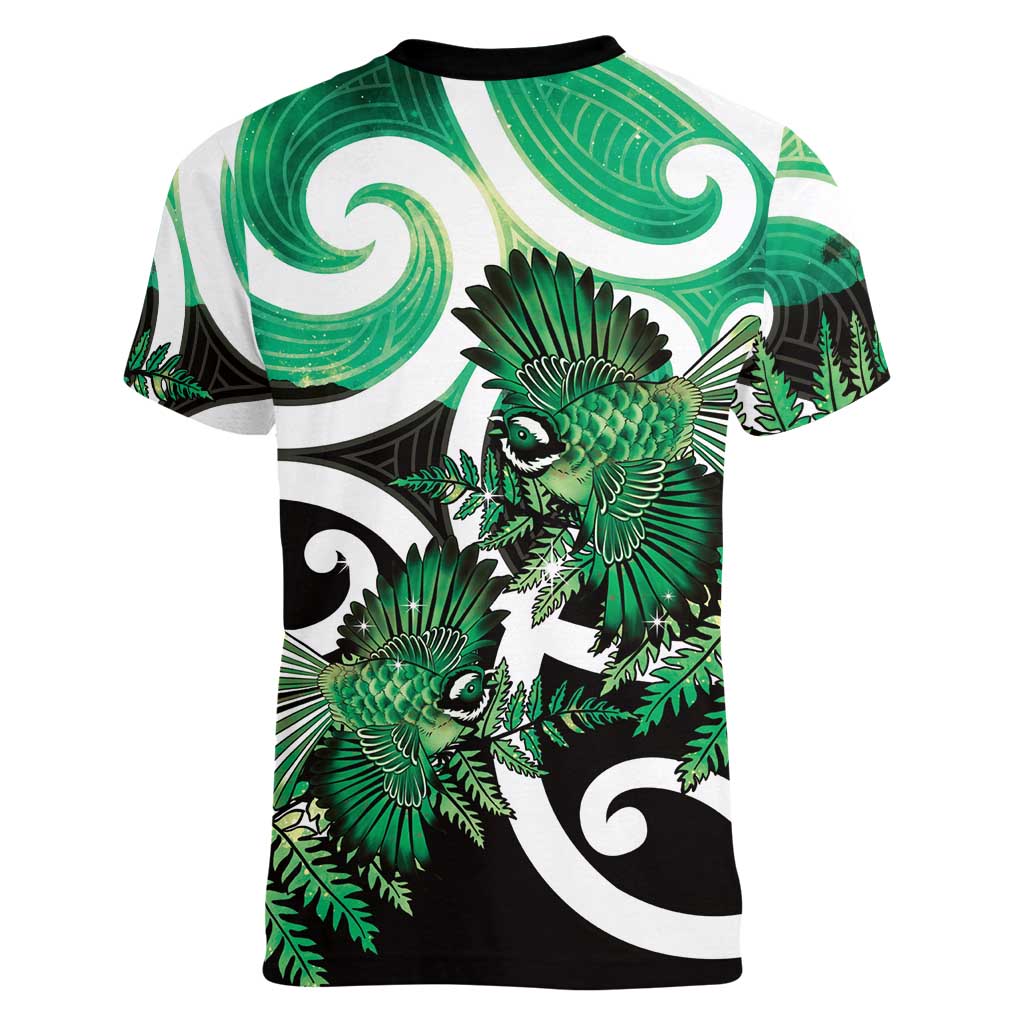 Piwakawaka New Zealand Matariki Women V-Neck T-Shirt Maori New Year Silver Fern Green Galaxy