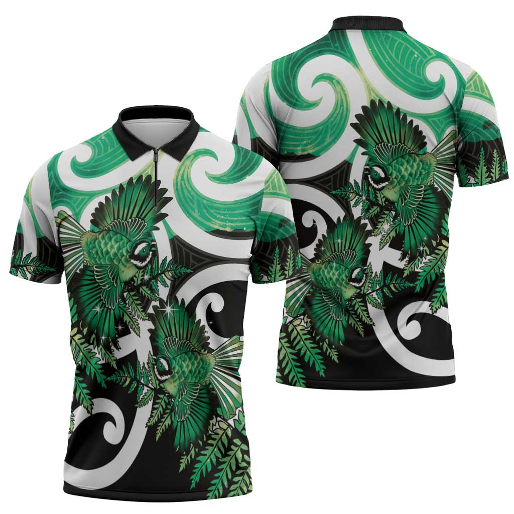 Piwakawaka New Zealand Matariki Zipper Polo Shirt Maori New Year Silver Fern Green Galaxy
