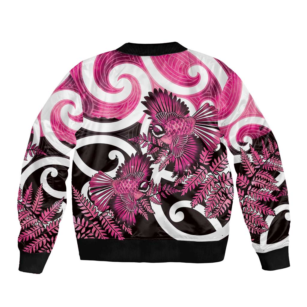 Piwakawaka New Zealand Matariki Bomber Jacket Maori New Year Silver Fern Pink Galaxy