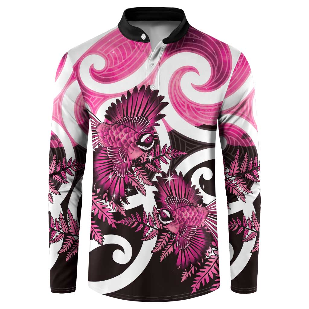 Piwakawaka New Zealand Matariki Button Sweatshirt Maori New Year Silver Fern Pink Galaxy