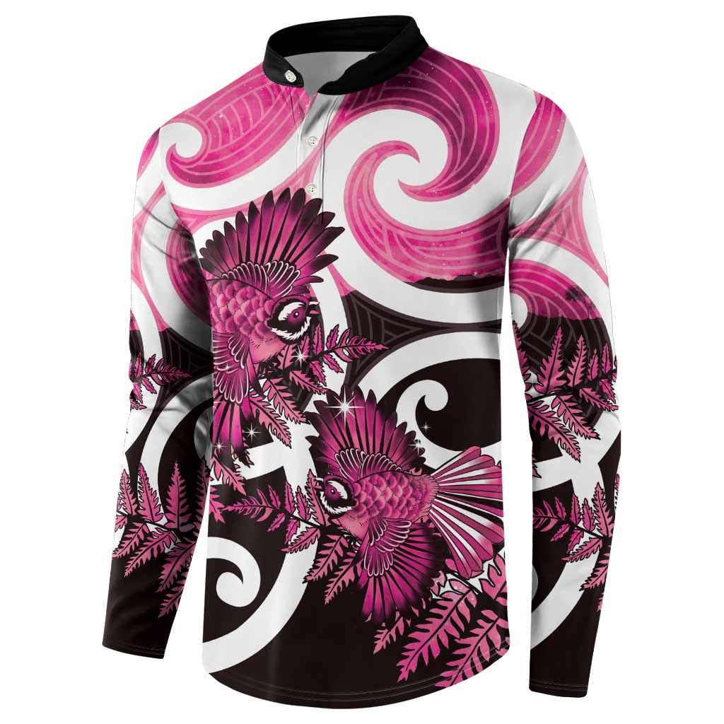 Piwakawaka New Zealand Matariki Button Sweatshirt Maori New Year Silver Fern Pink Galaxy