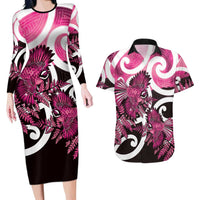Piwakawaka New Zealand Matariki Couples Matching Long Sleeve Bodycon Dress and Hawaiian Shirt Maori New Year Silver Fern Pink Galaxy