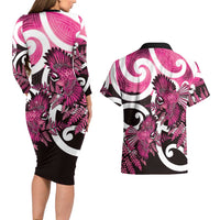 Piwakawaka New Zealand Matariki Couples Matching Long Sleeve Bodycon Dress and Hawaiian Shirt Maori New Year Silver Fern Pink Galaxy