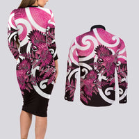 Piwakawaka New Zealand Matariki Couples Matching Long Sleeve Bodycon Dress and Long Sleeve Button Shirt Maori New Year Silver Fern Pink Galaxy