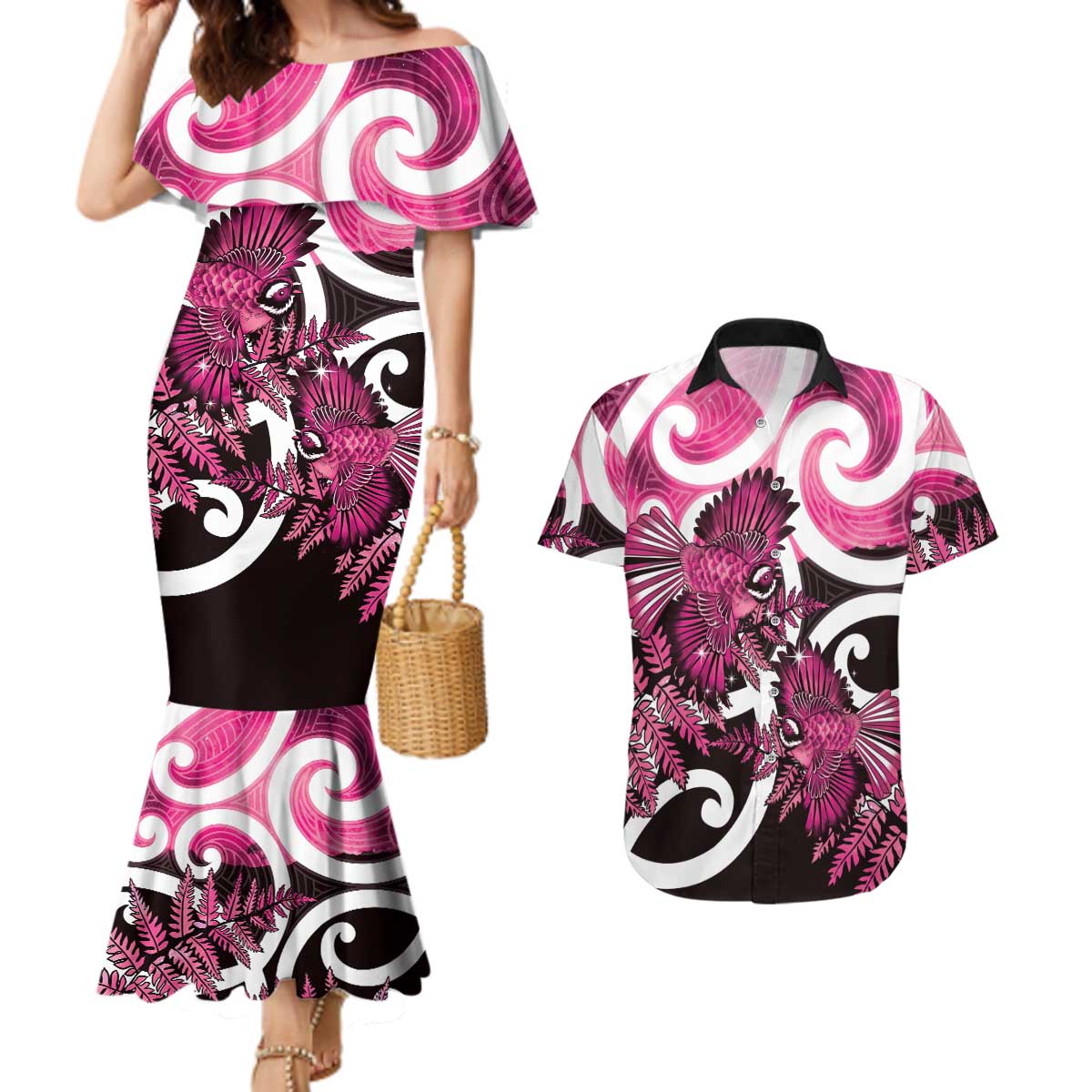 Piwakawaka New Zealand Matariki Couples Matching Mermaid Dress and Hawaiian Shirt Maori New Year Silver Fern Pink Galaxy LT14 Pink - Polynesian Pride