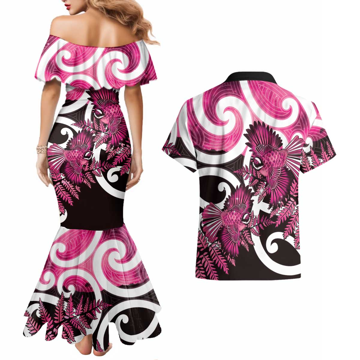 Piwakawaka New Zealand Matariki Couples Matching Mermaid Dress and Hawaiian Shirt Maori New Year Silver Fern Pink Galaxy LT14 - Polynesian Pride