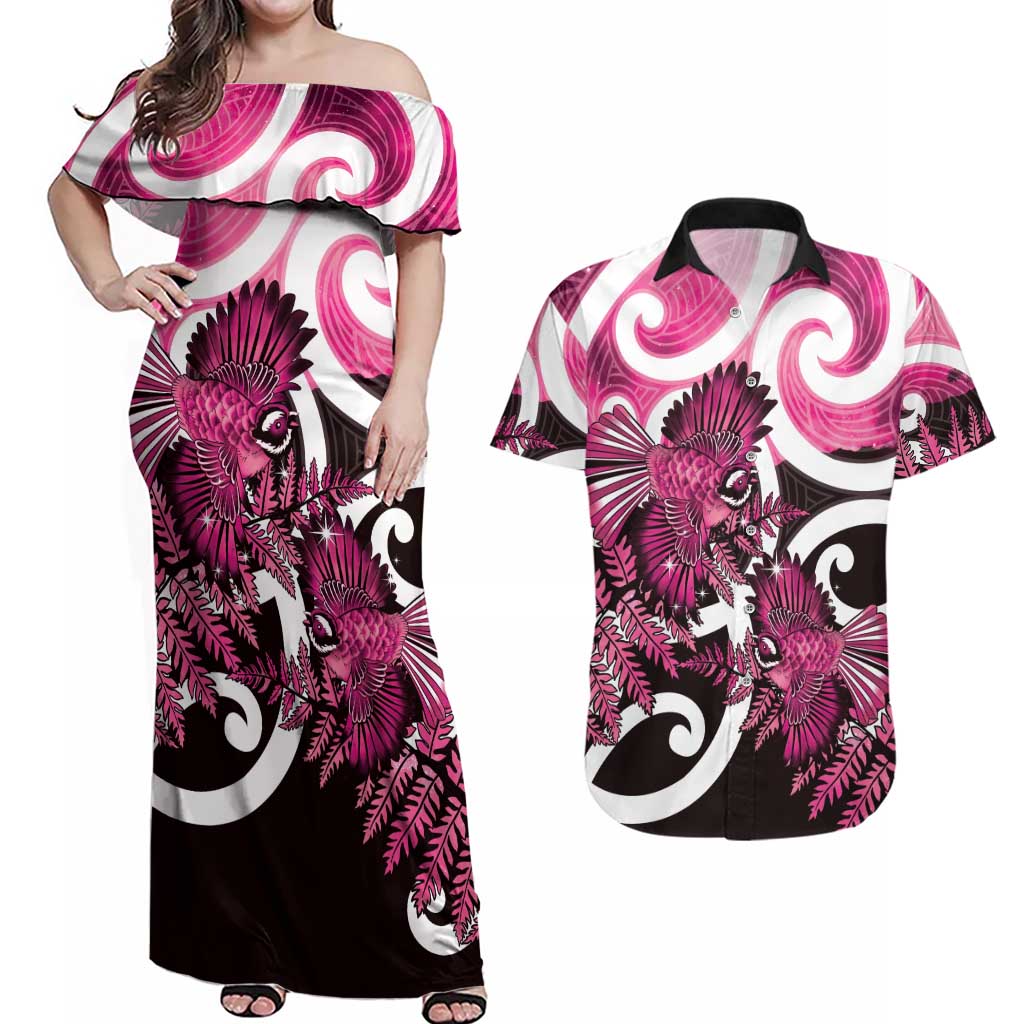 Piwakawaka New Zealand Matariki Couples Matching Off Shoulder Maxi Dress and Hawaiian Shirt Maori New Year Silver Fern Pink Galaxy