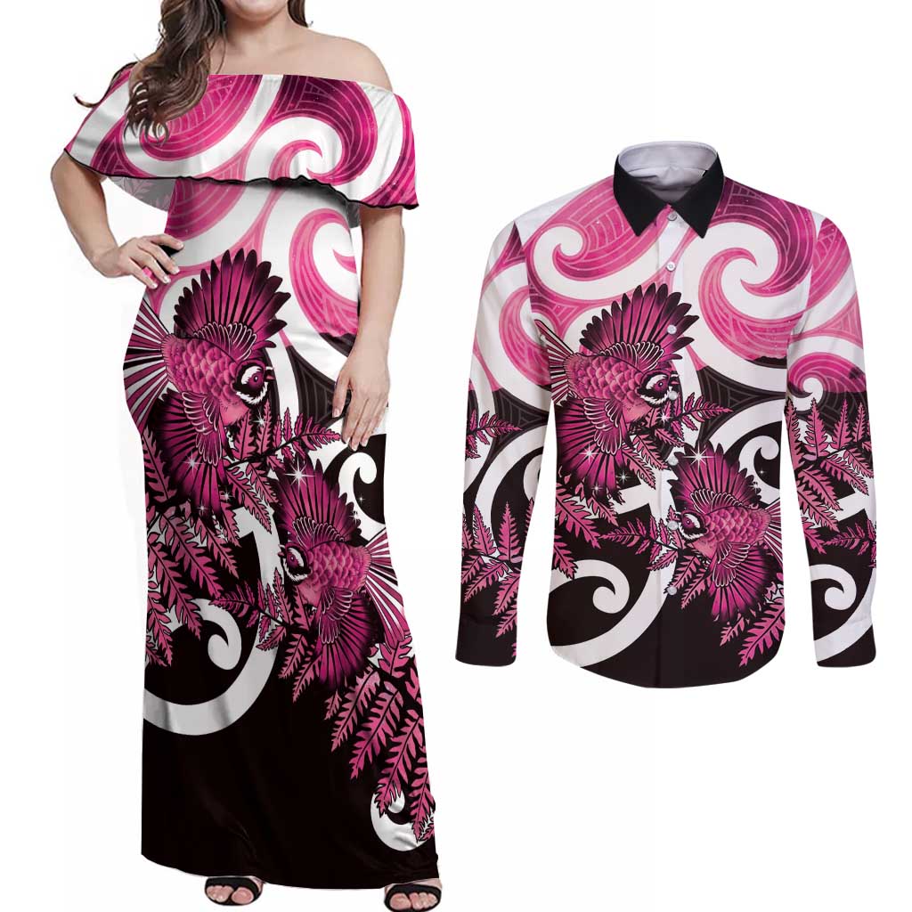 Piwakawaka New Zealand Matariki Couples Matching Off Shoulder Maxi Dress and Long Sleeve Button Shirt Maori New Year Silver Fern Pink Galaxy
