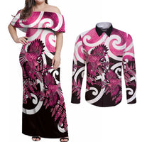 Piwakawaka New Zealand Matariki Couples Matching Off Shoulder Maxi Dress and Long Sleeve Button Shirt Maori New Year Silver Fern Pink Galaxy