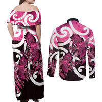 Piwakawaka New Zealand Matariki Couples Matching Off Shoulder Maxi Dress and Long Sleeve Button Shirt Maori New Year Silver Fern Pink Galaxy