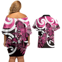 Piwakawaka New Zealand Matariki Couples Matching Off Shoulder Short Dress and Hawaiian Shirt Maori New Year Silver Fern Pink Galaxy