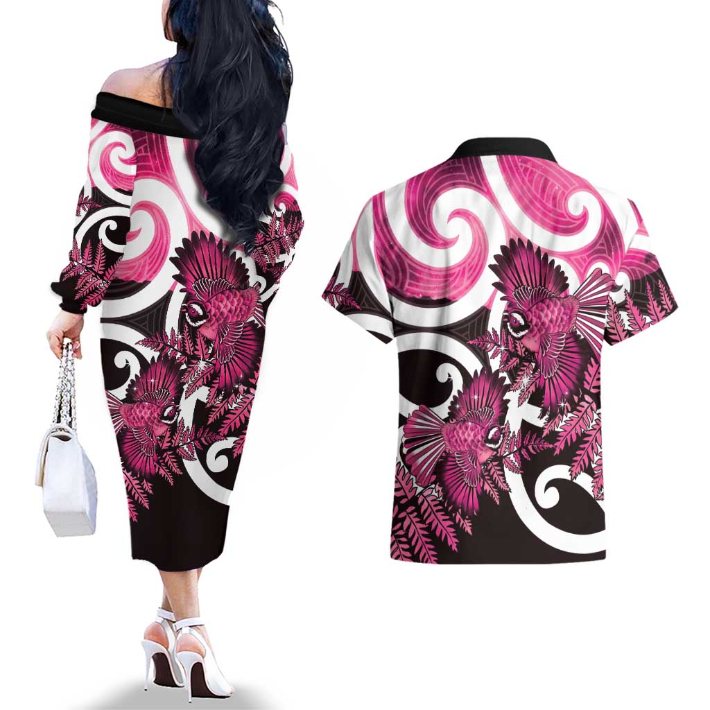 Piwakawaka New Zealand Matariki Couples Matching Off The Shoulder Long Sleeve Dress and Hawaiian Shirt Maori New Year Silver Fern Pink Galaxy