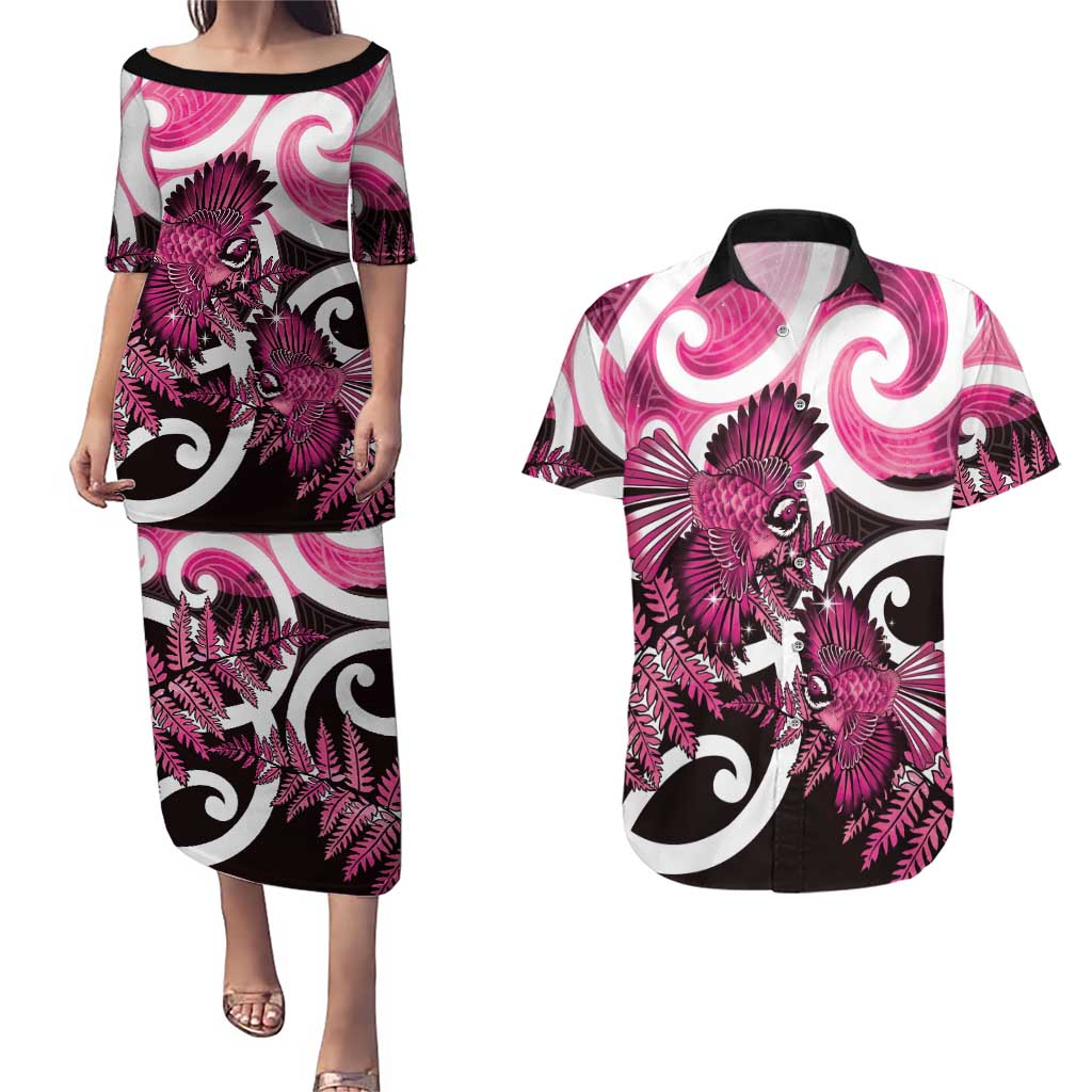 Piwakawaka New Zealand Matariki Couples Matching Puletasi and Hawaiian Shirt Maori New Year Silver Fern Pink Galaxy LT14 Pink - Polynesian Pride
